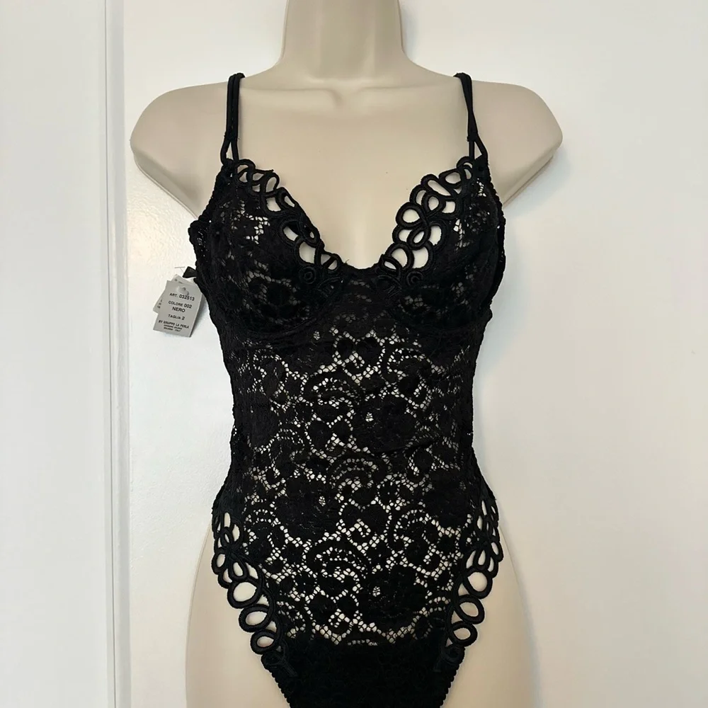 La Perla Documented collectors Black Lace Bodysuit with Fishnet Hosiery